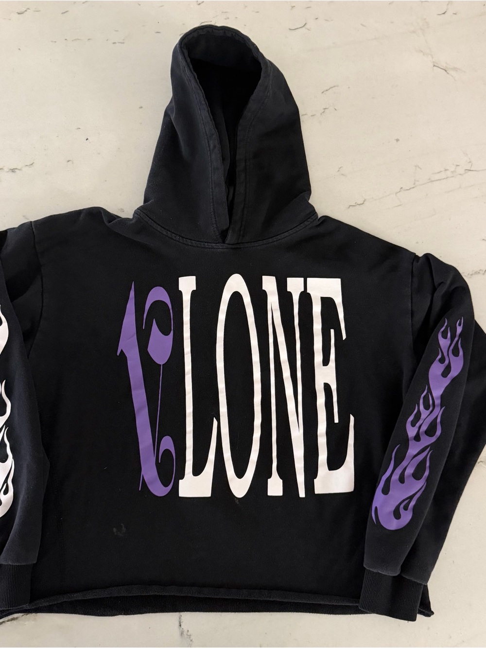 Vlone x Palm Angels Men's Hoodie Size M Purple/Black Cropped Raw Hem
